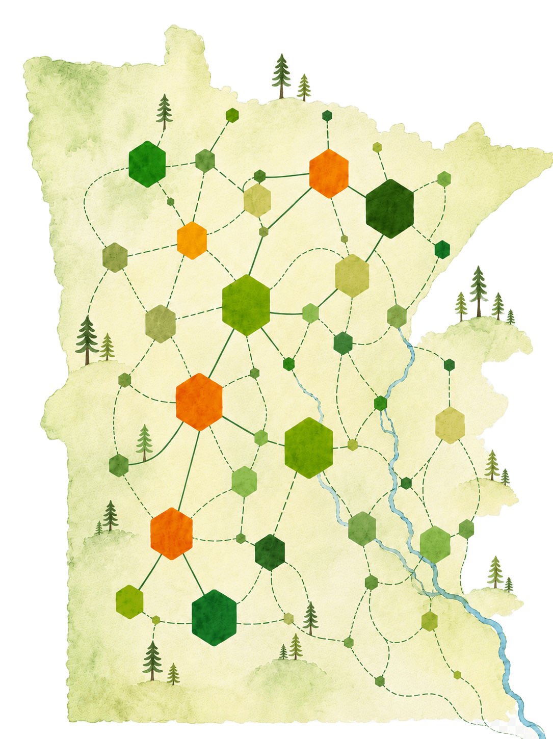 Watercolor illustration of Minnesota with hexagonal network of member schools