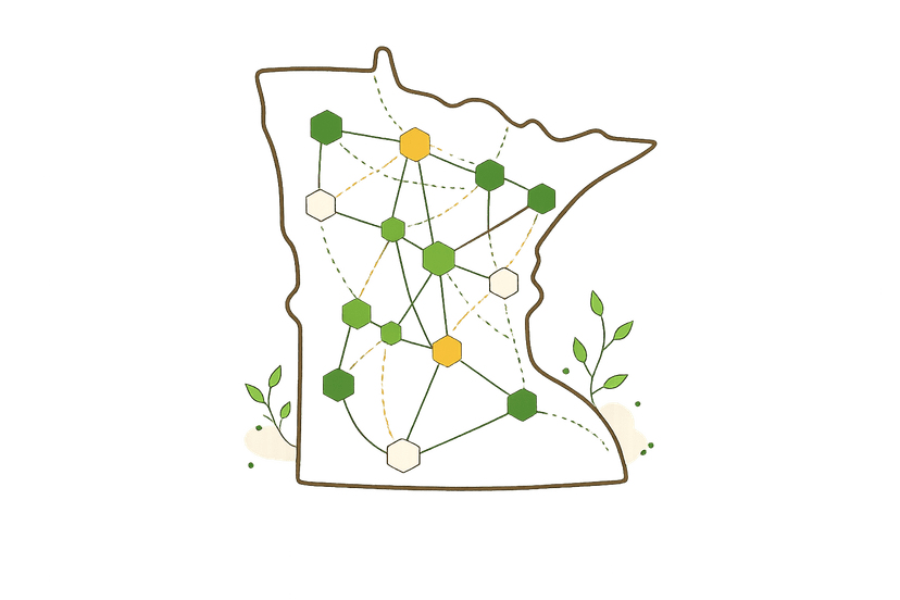 Map of Minnesota with hexagonal network of member schools